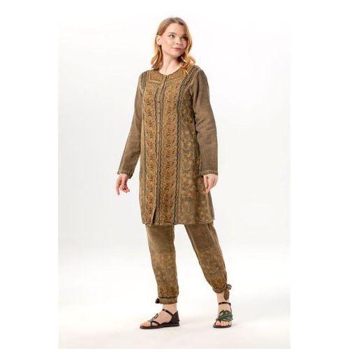 Uzun Katlanabilir Kol İnka Düğmeli Yazlık Otantik Nakışlı Poplin Tunik Toprak Tprk