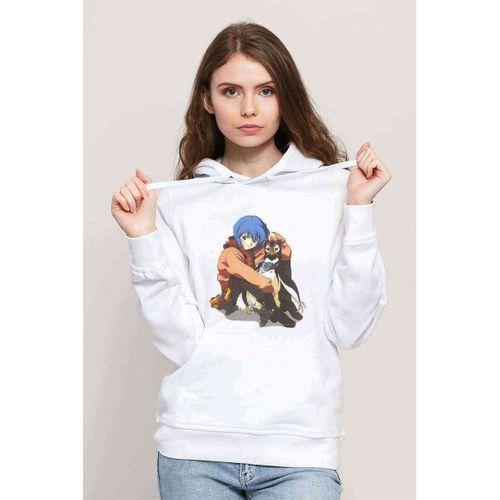 Anime Neon Genesis Evangelion Baskılı Beyaz Kadın Kapşonlu Sweatshirt