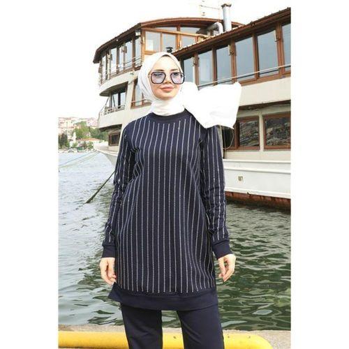 Çizgili Taş Desenli O Yaka İkili Tesettür Eşofman Takımı - 71187.015 - Lacivert