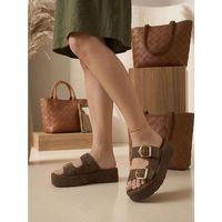 Yazlık Kadın Kahverengi Platform Taban Tokalı Terlik