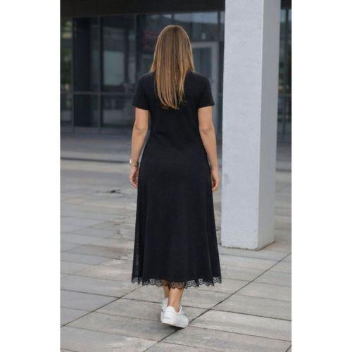 Kadın Kısa Kollu Bisiklet Yaka Yandan Yırtmaçlı Dantel Detaylı Uzun Viskon Elbise