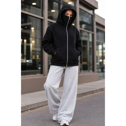 Maskeli Ninja Model Çift Kapüşonlu 3 İplik Şardonlu Fermuarlı Oversize Sweatshirt - Siyah