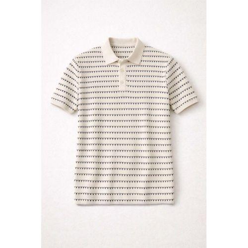 Nordic Desenli Örme Kumaş Viskon Erkek T-Shirt - Ekru