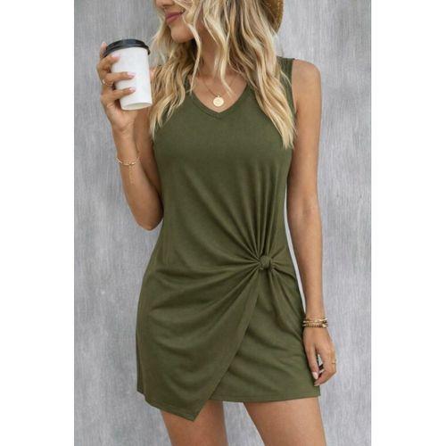 Kadın Askılı V Yakalı Yandan Asimetrik Detaylı Kısa Viskon Elbise