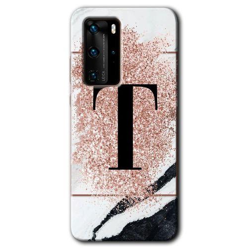 Huawei P40 Pro Kılıf HD Desen Baskılı Arka Kapak - Pembe Mermer Desenli T Harfi + Kırılmaz Cam