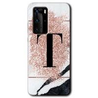 Huawei P40 Pro Kılıf HD Desen Baskılı Arka Kapak - Pembe Mermer Desenli T Harfi + Kırılmaz Cam