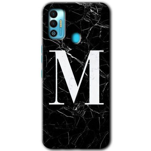 Tecno Spark 7T Kılıf HD Desen Baskılı Arka Kapak+Temperli Cam - Siyah Mermer Desenli M Harfi