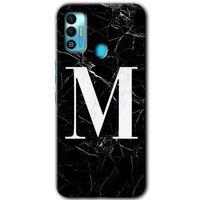 Tecno Spark 7T Kılıf HD Desen Baskılı Arka Kapak+Temperli Cam - Siyah Mermer Desenli M Harfi