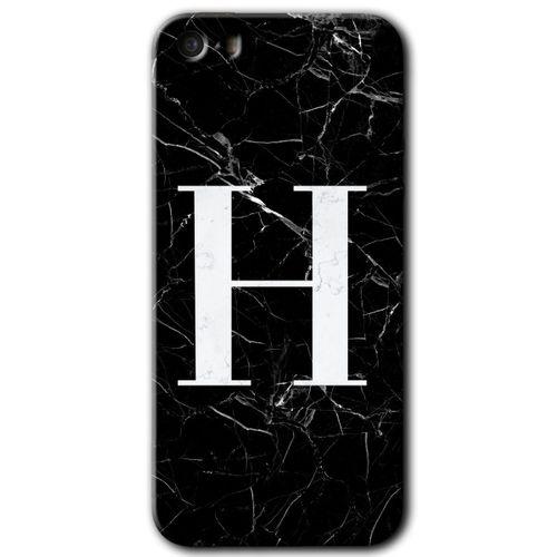 MRCİLETİSİM iPhone 5 Kılıf HD Desen Baskılı Arka Kapak + Temperli Cam - Siyah Mermer Desenli H Harfi
