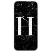 MRCİLETİSİM iPhone 5 Kılıf HD Desen Baskılı Arka Kapak + Temperli Cam - Siyah Mermer Desenli H Harfi