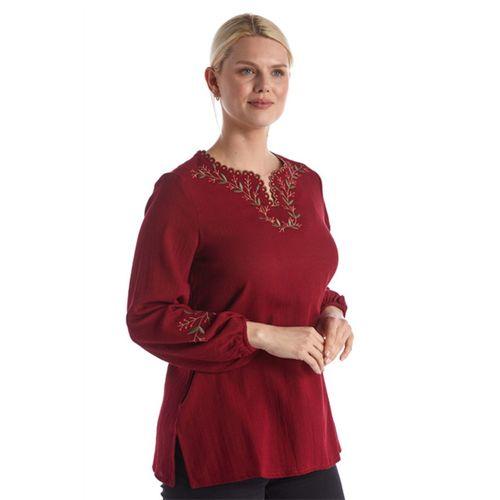 Şile Bezi Uzun Kol Bordo Nakış Detaylı V Yaka Yazlık Otantik Bluz