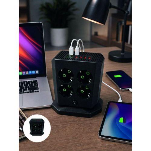 Akım Korumalı 8'li Dikey Priz 4 Usb 2 Type-c Hızlı Şarj Destekli Çoklu Priz