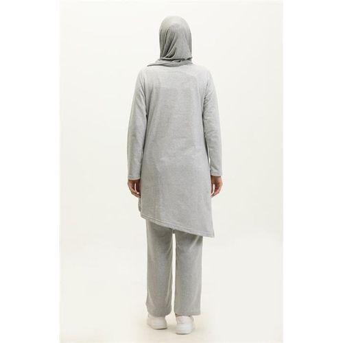 Kruvaze Bisiklet Yaka Sade Basic Tunik Panolon İkili Takım - 03076.008 - Gri