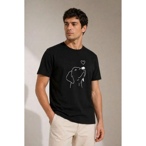 Erkek Köpek Figürlü Minimal Baskılı Tişört Kısa Kol Yazlık T-Shirt - Siyah