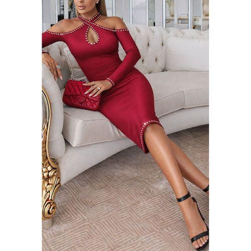 Kadın Omuzlardan Açık Boyundan Geçmeli Damla Detaylı Taşlı Midi Dalgıç Elbise