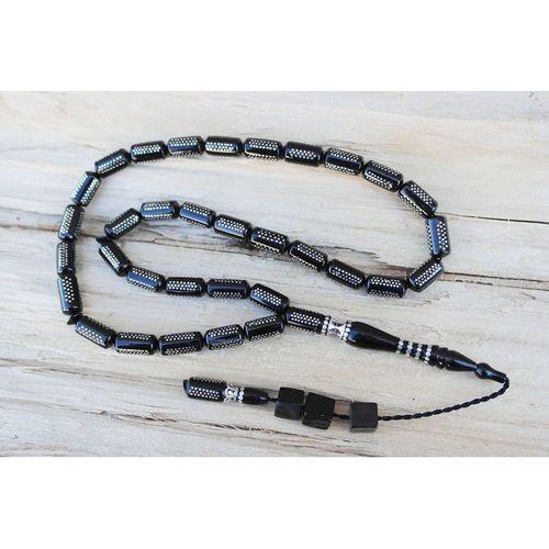 Oltu Taşı  Boru Kesim Kilim Desen İşlemeli Tespih