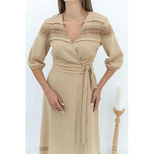 Vizon Dantel Detay Keten Elbise