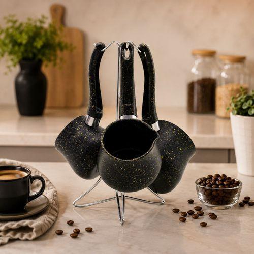 Granit Çelik Cezve Seti 4'lü (230/280/380 ml) Metal Standlı