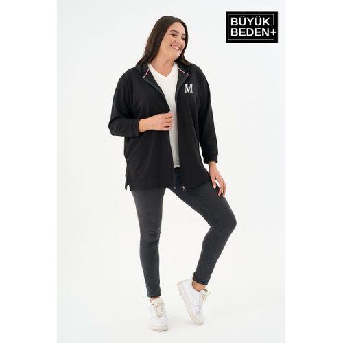 Kadın Tunik Büyük Beden M Baskılı Fermuarlı Kapşonlu Sweat Hırka SPR26BTK955-2