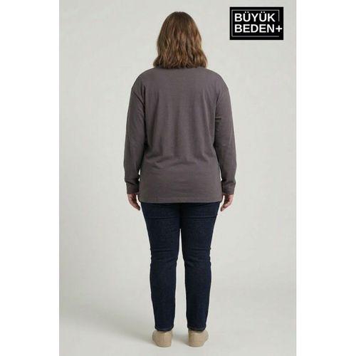 Kadın Büyük Beden Uzun Kollu 2 İplik Bisiklet Yaka Tişört