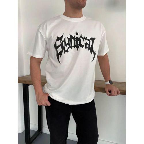 Erkek Bisiklet Yaka Ön Baskılı Kısa Kollu Tişört Streetwear Günlük Basic Pamuklu T-shirt - Beyaz