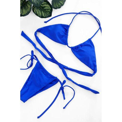 Kadın Mavi Üçgen Bikini Takımı Yandan Bağlamalı Tangalı Canlı Renk Şık Mayo Seti