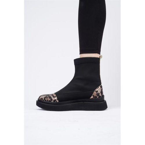 Afron Siyah Renkli Leopar Deri Detaylı Taşlı Kışlık Kadın Bot