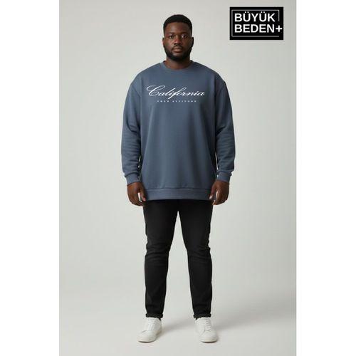 Erkek Büyük Beden El Yazılı California Baskılı Bisiklet Yaka İnce Sweatshirt SPR26BSW956-7