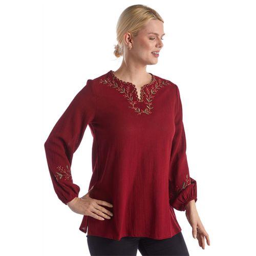 Şile Bezi Uzun Kol Bordo Nakış Detaylı V Yaka Yazlık Otantik Bluz