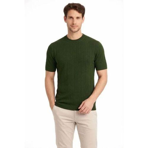 Erkek Yazlık Fitilli Triko Tişört Kısa Kol Bisiklet Yaka T-Shirt - Haki