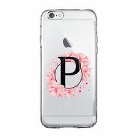 iPhone 6 Pembe Çiçek Desen P Harfli Şeffaf Kılıf