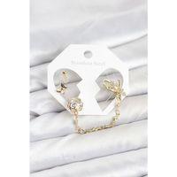 Pirinç Gold Renk Kelebekli Model Zincir Bağlantılı Ear Cuff Küpe Seti