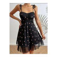 Kadın Siyah Pembe Gül Desenli Askılı Bağlamalı Dantel Detaylı Elbise 5072