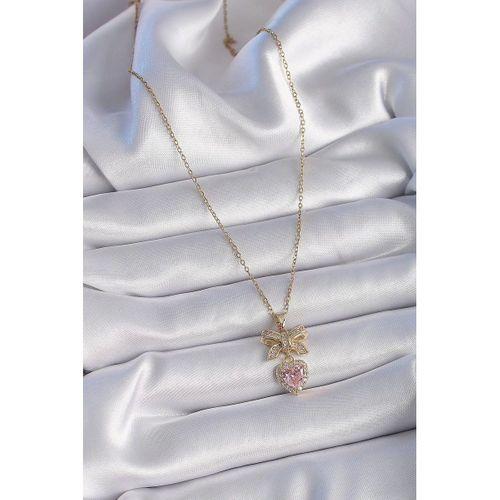 pilelistore 316L Çelik Gold Renk Zincir Zirkon Taşlı Kurdele Kalp Figür Kadın Kolye - TJ-BKO9434