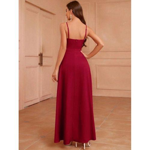 Kadın Ip Askılı Kruvaze Yakalı Yırtmaçlı Uzun Ithal Krep Elbise