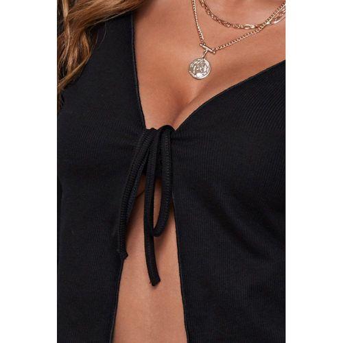 Kadın Siyah Uzun Kollu Önden Bağlama Detaylı Crop Top Bluz