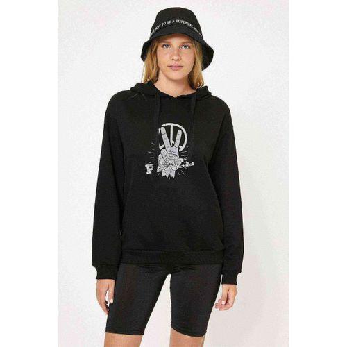 Peace Hand Baskılı Siyah Kadın Kapşonlu Sweatshirt