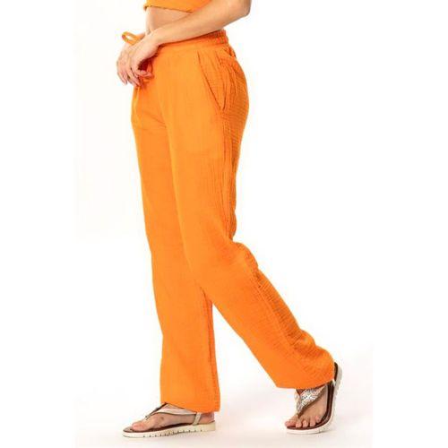 Müslin Beli Bağcıklı Çift Cepli Kadın Yazlık Pantolon Turuncu Trnc