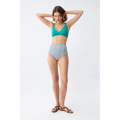 Kadın Yeşil Pedli Geometrik Desenli Yüksek Bel Bikini Takımı