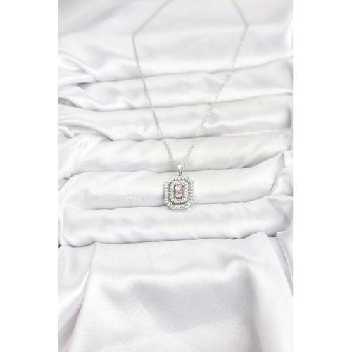 316L Çelik Zincir Gümüş Renk Plaka Model Zirkon Taşlı Kadın Kolye