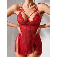Kırmızı Püsküllü Dantel Detaylı Fantezi Gecelik