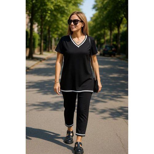 Kadın Kısa Kollu V Yakalı Iki Iplik Bluz Ve Pantolon Ikili Takım