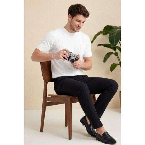 Erkek Yazlık Fitilli Triko Tişört Kısa Kol Bisiklet Yaka T-Shirt - Beyaz