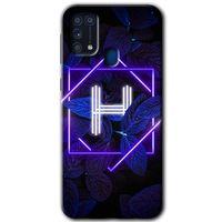 Samsung Galaxy M31 Kılıf Baskılı Kapak - Dark Neon Yaprak H Harfi + 5D Tam Kaplayan Cam