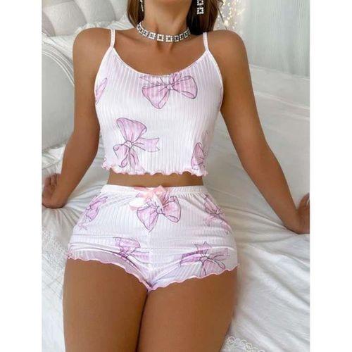 Beyaz Üstüne Kurdela Desenli Fitilli Askılı Şortlu Pijama Takımı