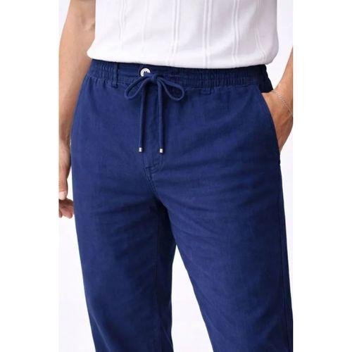Erkek Keten Cepli Pantolon Lastikli Bel Bağcıklı Önden Fermuarlı - İndigo