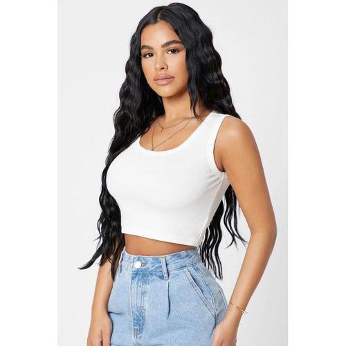 Kadın Beyaz Modern Fit Kare Yaka Crop Top Bluz