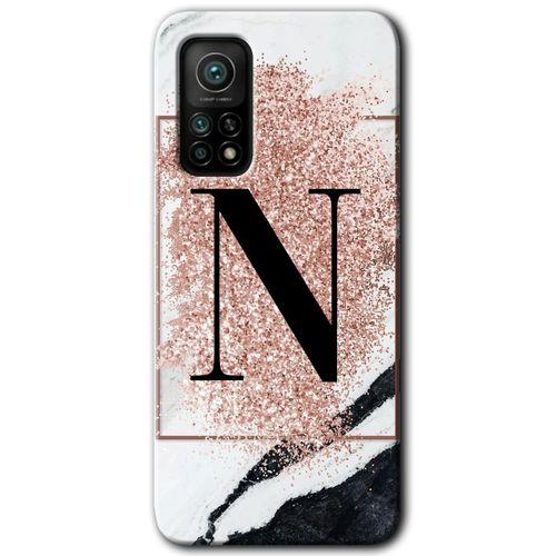Xiaomi Mi 10T Pro Kılıf Baskılı Arka Kapak - Pembe Mermer Desenli N Harfi +Tam Ekran Koruyucu