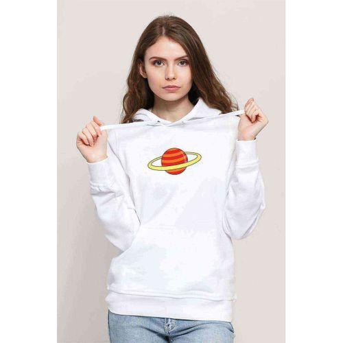 Saturn Baskılı Beyaz Kadın Kapşonlu Sweatshirt
