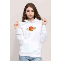Saturn Baskılı Beyaz Kadın Kapşonlu Sweatshirt